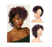 Postizo Moño alto afro con flequillo, mohicano, cola de caballo corta y rizada, postizos for mujeres negras Uso diario(1BTBUG)