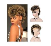 Postizo Moño alto afro con flequillo, mohicano, cola de caballo corta y rizada, postizos for mujeres negras Uso diario(1BT27)