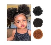 Postizo Moño de pelo sintético afro de 4 pulgadas, pequeño, rizado, con cordón ajustable, for niñas y mujeres Uso diario(Natural black/Light auburn)
