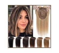 Postizos de cabello humano para mujeres, Topper de cabello humano brasileño Remy auténtico for mujer, con base clip y flequillo, transpirable seda(Dark Brown,14inch)