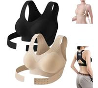 Posture Corrector Bra for Women,Front Closure Wireless Back Support Bralette,Seamless Lift Up Cross-Back Shapewear Bras (FR/ES, Letras, M, Regular, Regular, Black+Skin)