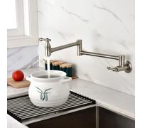 Pot Filler Faucet Brushed Nickel Wall Mounted Solid Brass with Double Joint Swing Arm and Single Hole - 2 Handles
