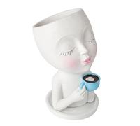 Pot Head Face Pot, Coffee Girl Flower Pots, Indoor Head Planter with Closed Eyes, Resin Material, Small Drainage Hole and Trays for Plants, Desk Decoration, 4.1x5.1x7.67inches