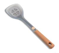 Potente espátula con extremo de silicona resistente reforzado con centro de acero inoxidable y equipada con agarre de madera para levantar y girar alimentos de forma segura