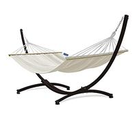 Potenza Hamaca con Soporte Incluido en Jardin, de Tela Multicolor, para 2 Personas Doble I Grande Soporte Capacidad de 220 Kg I Hamaca con Barra 220x160 cm (Cremoso, Soporte Marrón)