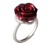 POTUBI Anillo ajustable de plata S925 con diseño de flor de rosa roja y cinabrio for mujeres y niñas.