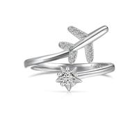 POTUBI Anillo de avión de plata de ley 925, joya de avión, ajustable, anillo tallado con circonitas de colores for mujeres, niñas, azafatas, pilotos, regalos de cumpleaños.(Silver)