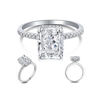 POTUBI Anillo de compromiso rectangular de plata de ley 925 con baño de 14 quilates y circonita cúbica de 8 A y 4 quilates for mujer, anillos de compromiso sencillos de boda con diamantes.(Size6)