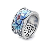 POTUBI Anillo de loto azul de plata de ley 925 con personalidad, estilo retro, de cara ancha, joyería encantadora, regalo for hombres y mujeres amantes del yoga.