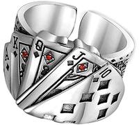 POTUBI Anillo for hombre con diseño de naipes póker, chapado en plata, apertura ajustable, estilo punk, accesorio joyería