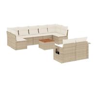 POUFGDR - Conjunto de jardín (10 piezas, poliratán beige, con mesa acacia) | Resina trenzada resistente, fundas lavables, mesa plegable con resorte de gas, modulable, tapa acacia fácil limpieza