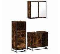 POUFGDR Juego de muebles de baño 3 piezas roble ahumado | Mueble lavabo, armario, espejo, madera de ingeniería, marco metálico, almacenamiento, inodoro, fijaciones de pared incluidas