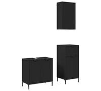 POUFGDR Juego de Muebles de Baño 3 unids Negro de Madera de Ingeniería | Mueble bajo vaso, pequeño y grande, puertas rasantes, asas de barras, cajones, compartimentos, almacenamiento interior