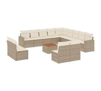 POUFGDR - Juego de sofá de jardín (14 piezas, con cojines, color beige | Resina trenzada duradera, bandeja de acacia, fundas lavables, diseño modular, uso terraza patio