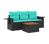 POUFGDR - Juego de sofá de jardín (4 piezas, Polyratin, color negro con | Fundas de cojín desenfundables lavables, mesa plegable de gas bandeja de acacia resistente, diseño modular flexible,