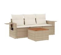 POUFGDR - Juego de sofás de jardín (4 piezas, poli ratán, color beige con | Resina trenzada duradera, fundas lavables, mesa plegable con resorte de gas, diseño modular, fácil mantenimiento