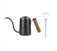 Pour Over Cafetera de 600 ml, olla de acero inoxidable de boquilla larga con termómetro y mango de madera para elaboración casera (600 ml negro+blanco)