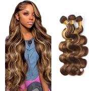 Poutpoutm Body Wave Bundles Humano Hair Extensiones de Pelo Humano, 3 paquetes de 50 g/unidad, doble trama P427, rubio resaltado para mujer 40 cm