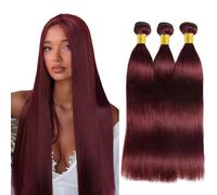 Poutpoutm Extensiones de cabello humano de pelo humano, 3 paquetes de 50 g/unidad, doble trama #99J, color burdeos para mujer 40 cm