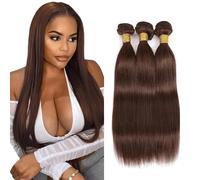 Poutpoutm Straight Bundles Human Hair Cabello Humano Extensions Pelucas Mujer Pelo Natural Extensions 3 Bundles 100g/pcs Double Weft #4 Chocolate Brown for Woman 28 30 32 Inch