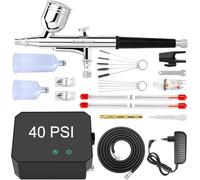 Powate Upgrade Airbrush Set Compresor - 40 PSI Dual Action Airbrush con 3 modos y boquillas de 0,2/0,3/0,5 mm, portátil con 15 accesorios para manualidades, diseño de uñas, tatuajes, color negro