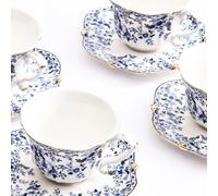 POWDONUNT Juego de taza de té y platillo de porcelana floral vintage con borde dorado, cuchara, espresso, café, cajas de regalo (4, flor de China)
