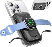 Power Bank 5 en 1 para Apple Watch y iPhone, mag-Safe Powerbank de 10000 mAh con USB-C y iOS Cable, Cargador portátil con Soporte de Anillo para iPhone 16/15/14/13/12, iWatch 10-1