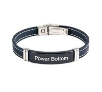 Power Bottom - Pulsera de goma de acero inoxidable negro con ribete de puntada blanca y cierre de pestillo, L, Caucho, Sin gemas.