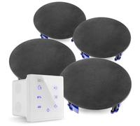 Power Dynamics Conjunto A100W con Amplificador Blanco táctil y 4 Altavoces de Techo Negros de 6,5” 2 vías, Bluetooth 5.0, Reproductor MP3 USB/microSD, 4x20W Clase D