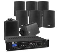 Power Dynamics Conjunto de 8 Altavoces Exteriores - 150W, IPX5, Woofer 6.5", 100V + Amplificador PRM240 Bluetooth, USB/MP3, 240W, Soporte de Montaje, Incluye Cable 100m