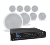 Power Dynamics CSPB5 - Juego de 8 Altavoces de Techo 100V con woofer de 5", Amplificador PRM60 con Bluetooth, Reproductor MP3, USB, SD, 4 entradas de Audio y 2 de micrófono,Ideal para megafonía