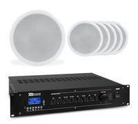 Power Dynamics CSPB5 + PRM60 - Juego de 6 Altavoces de Techo 100V con Amplificador Bluetooth, USB y SD, 60W, entradas de micrófono y Auxiliar, Sonido Profesional.