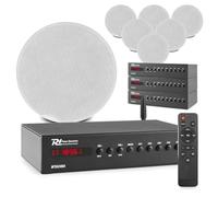 Power Dynamics - Pack de 8 Altavoces 120W de Techo, 4 amplificadores WiFi/Bluetooth para 4 Zonas o Habitaciones, Sonido multisala HiFi, Control por App, Radio por Internet y cableado Incluido