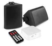 Power Dynamics - Pack de Sonido Exterior con Mini Amplificador Bluetooth BT20 con Reproductor MP3 USB/SD, 2 Altavoces BGO50 Negros Resistentes 120W, Cable de 10m, Ideal para terraza o Jardines