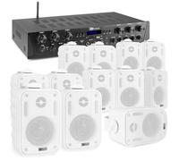 Power Dynamics Pack Sistema de Sonido 6 Zonas con Amplificador Bluetooth 600W, 12 Altavoces Blancos IPX5, MP3, Radio FM, 6 Salidas Independientes y Mando, Ideal para Hogar, Oficinas y Negocios