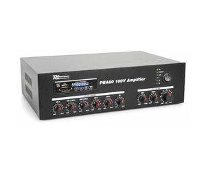 Power Dynamics PBA60 Amplificador de línea 100V 60W | Reproductor USB y SD, radio FM, ecualizador integrado, múltiples entradas para micrófonos y fuentes de audio.