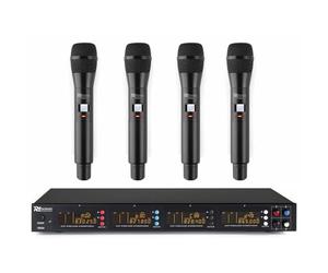 Power Dynamics PD504B UHF Set de 4 micrófonos de Mano inalámbricos, Receptor con Pantalla Digital y Salida balanceadas Individuales sin interferencias, Sistema UHF, Incluye Maleta de Transporte