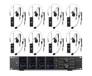Power Dynamics PD528B Pack de micrófonos UHF con 8 bodypacks, Diademas y Solapas inalámbricas, 100 Canales y Carga USB - Sistema Ideal para actuaciones, educación, conferencias, Eventos o directos
