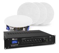 Power Dynamics PRM60 + NCSP5 - Sistema de Sonido 100V con Bluetooth, 4 Altavoces de Techo 5,25", Amplificador 60W, entradas de micrófono y MP3, con Cable de Altavoz de 50m