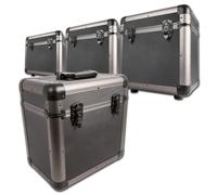 Power Dynamics RC80 Set de 4 Estuches para vinilos LP en Acabado Titanio, Capacidad Total de 240 Discos, Tapas Desmontables, diseño apilable y Acolchado Interior Protector