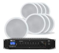 Power Dynamics Set 8 Altavoces de Techo 100V - Woofer 8” Sonido Profesional, Bluetooth, MP3, USB, Micrófono, Graves y Agudos Ajustables, Fácil Instalación, Ideal Hostelería, Comercios y Oficinas