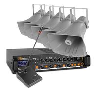 Power Dynamics Sistema de Megafonía 200W - 100V, 5 Altavoces de Bocina, Amplificador Bluetooth y MP3, 4 Zonas, Micrófono de Mesa con LED, Cable 200m - Ideal para Campos Deportivos y Eventos