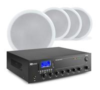 Power Dynamics Sistema de Sonido 100V - 4 Altavoces de Techo, Amplificador Bluetooth, MP3 USB, RCA AUX, Woofer 6", Profundidad 77mm, Diámetro 165mm, Incluye Cable 50m - Fácil Instalación