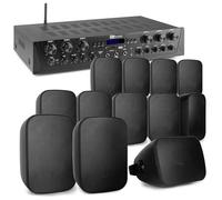 Power Dynamics - Sistema de Sonido con Amplificador de 6 Zonas 600W, Bluetooth, Radio FM, 12 Altavoces BD50B Negros IPX5 Interior/Exterior, USB, SD, RCA, Cable 100m, Soportes Pared, Multiroom