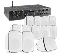 Power Dynamics - Sistema de Sonido con Amplificador de 6 Zonas 600W, Bluetooth, Radio FM, 12 Altavoces BD50W Blancos IPX5 Interior/Exterior, USB, SD, RCA, Cable 100m, Soportes Pared, Multiroom