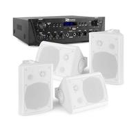 Power Dynamics Sistema de Sonido Profesional - 4 Altavoces Blancos, Bluetooth, USB, FM, Amplificador Integrado, Resistente al Agua IPX5, Soportes y Cables Incluidos, Ideal para Negocios y Hogar