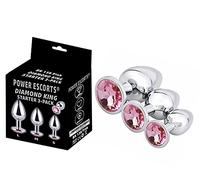 Power Escorts - BR138 - Diamond King Starter 3-Pack - S, M y L - Silver/Pink Stone - Individual Packed en neutral vinyl bag and than plastic bag neutral for 3 pack