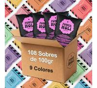 POWER HOLI FESTIVAL | Polvos de Colores Fiesta Holi | 108 Sobres Abrefacil de 100gr | 9 Colores | Especial Fiestas y Festivales | Fotografía | No Tóxicos | Sin Gluten | Made in Barcelona