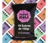POWER HOLI FESTIVAL | Polvos de Colores Fiesta Holi | 18 Sobres Abrefacil de 100gr | 9 Colores | Especial Fiestas y Festivales | Fotografía | No Tóxicos | Sin Gluten | Made in Barcelona
