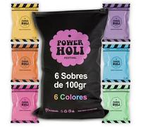 POWER HOLI FESTIVAL | Polvos de Colores Fiesta Holi | 6 Sobres Abrefacil de 100gr | 6 Colores | Especial Fiestas y Festivales | Sesion Fotográfica | No Tóxicos | Sin Gluten | Made in Barcelona